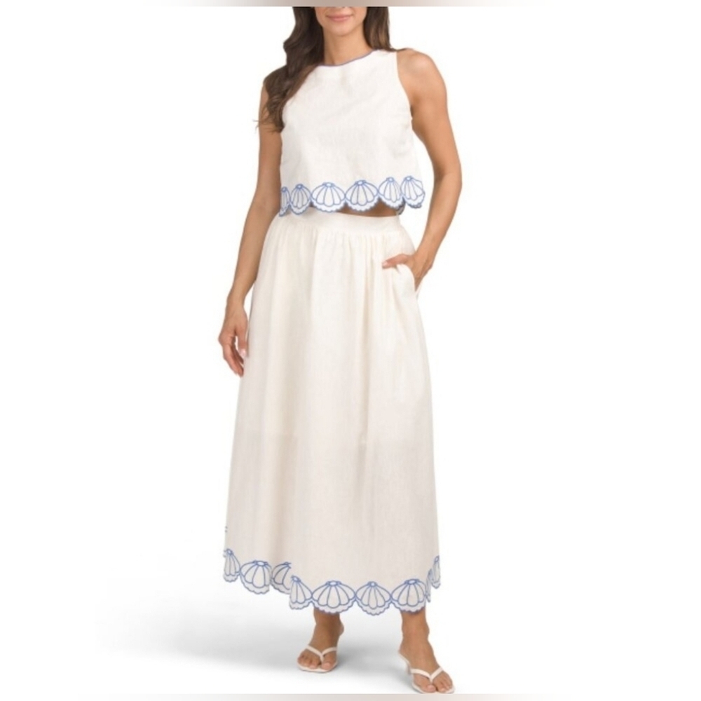 🤍▪️CALYPSO ST. BARTH▪️ White 2pc Linen Blend Embroidered Seashell Top Skirt Set - Picture 2 of 4